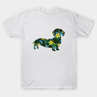 Tropical Floral Dachshund - Blue Green Yellow T-Shirt